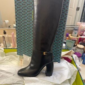 Tory Burch Black Leather Heeled Boots with Gold Buckle
